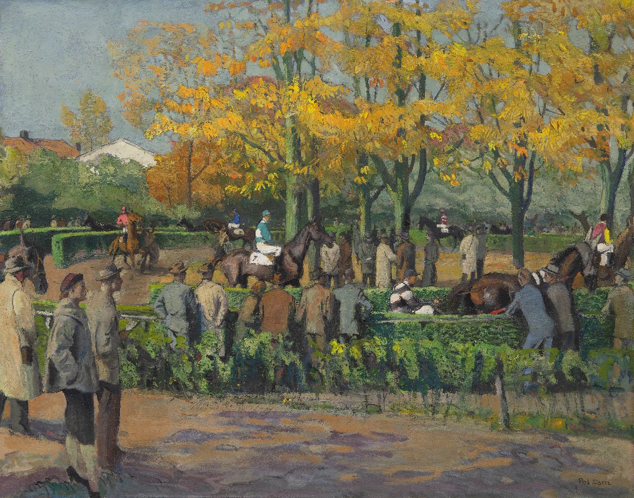 Dom P.L.C.  | Paulus Ludovicus Carolus 'Pol' Dom | Schilderijen te koop aangeboden | Toeschouwers bij de paddock van de renbaan Duindigt in Wassenaar, olieverf op doek 65,7 x 81,8 cm, gesigneerd rechtsonder en op spieraam