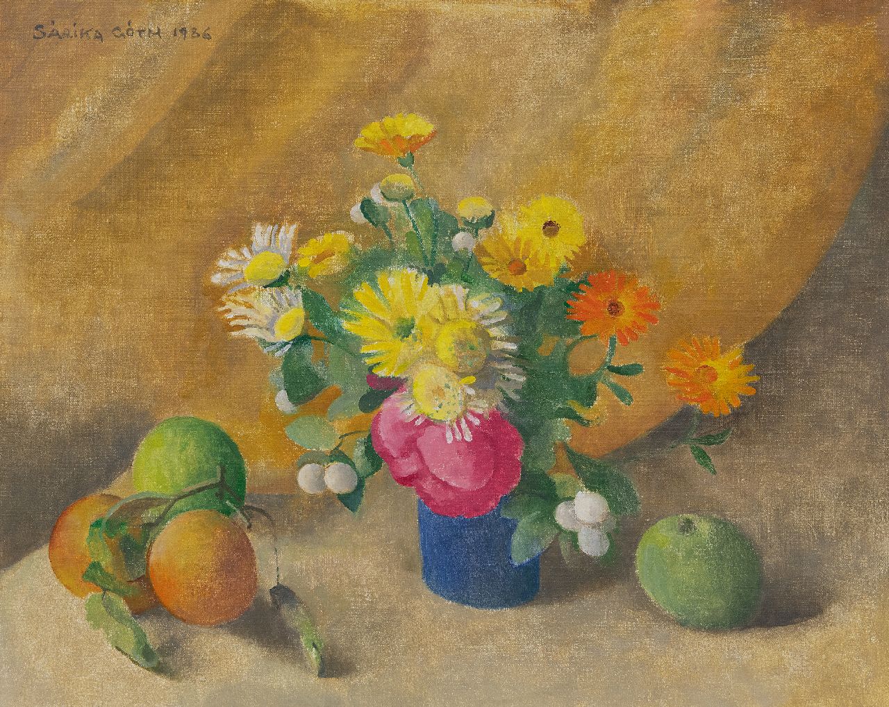 Góth C.  | Charlotte 'Sarika' Góth | Schilderijen te koop aangeboden | Stilleven met bloemen in blauwe vaas, olieverf op doek 40,1 x 50,0 cm, gesigneerd linksboven en gedateerd 1986