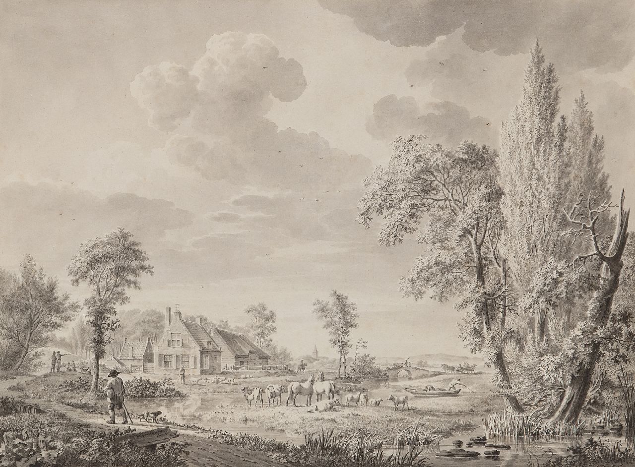 Koekkoek J.H.  | Johannes Hermanus Koekkoek | Aquarellen en tekeningen te koop aangeboden | Rivierlandschap met figuren en vee bij een boerenhoeve, gewassen inkt op papier 29,0 x 38,8 cm, gesigneerd linksonder en zonder lijst