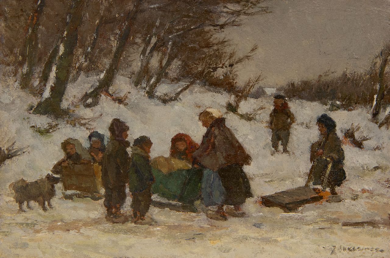 Akkeringa J.E.H. | 'Johannes Evert' Hendrik Akkeringa | Schilderijen te koop aangeboden | Winterse wandeling met het kindje in de slee, olieverf op paneel 17,0 x 24,6 cm, gesigneerd rechtsonder Akkeringa J.E.H. | 'Johannes Evert' Hendrik Akkeringa | Schilderijen te koop aangeboden | Winterse wandeling met het kindje in de slee, olieverf op paneel 17,0 x 24,6 cm, gesigneerd rechtsonder