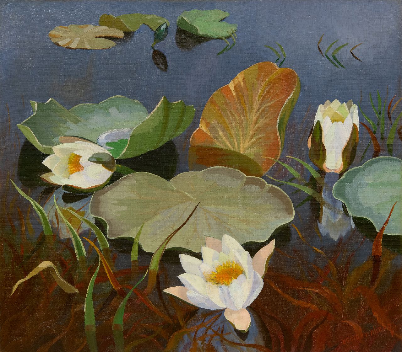 Smorenberg D. | Dirk Smorenberg | Schilderijen te koop aangeboden | Waterlelies, olieverf op doek 39,3 x 44,4 cm, gesigneerd rechtsonder Smorenberg D. | Dirk Smorenberg | Schilderijen te koop aangeboden | Waterlelies, olieverf op doek 39,3 x 44,4 cm, gesigneerd rechtsonder
