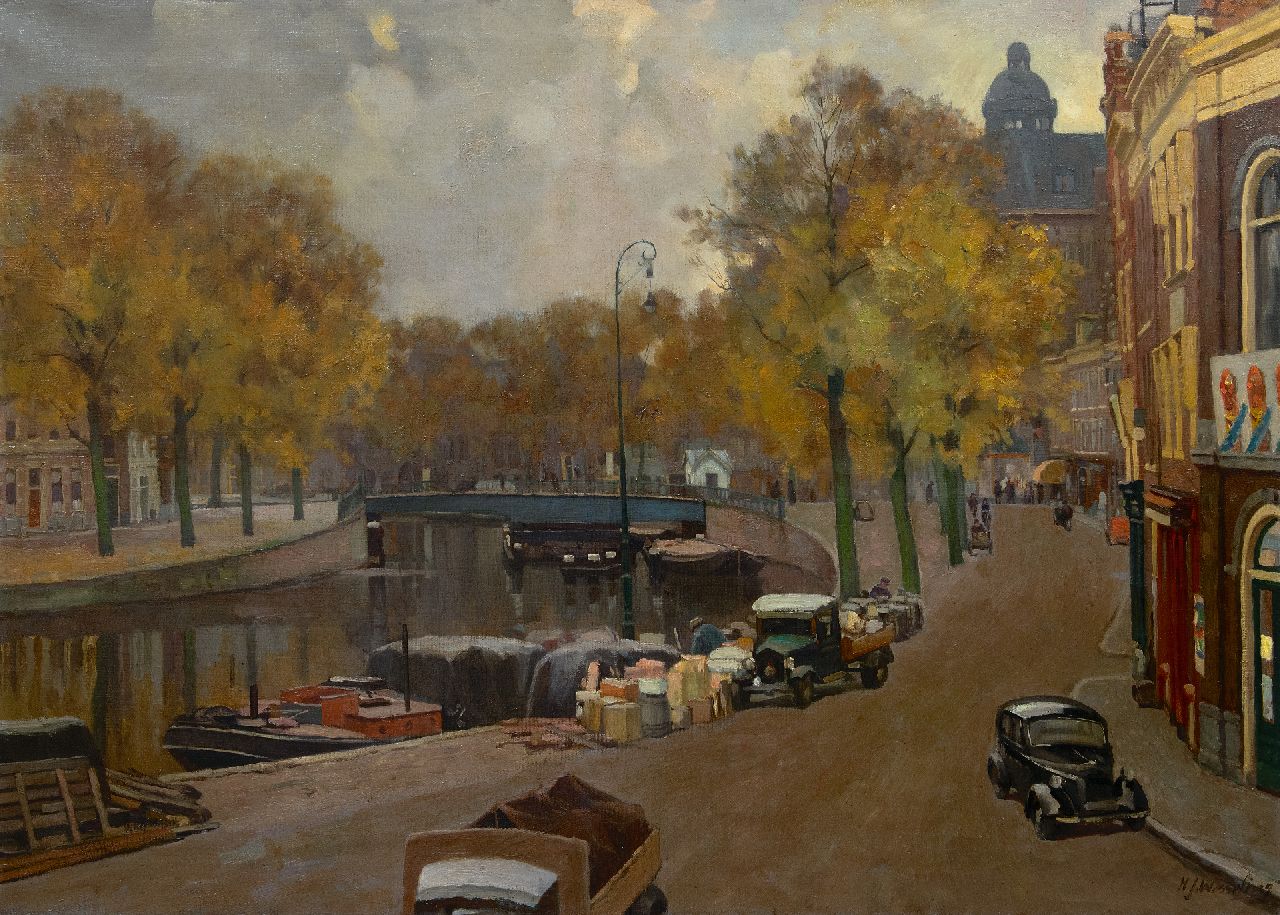 Wesseling H.J.  | Hendrik Jan Wesseling | Schilderijen te koop aangeboden | Het Spaarne, gezien vanuit het atelier van de schilder in de Damstraat, olieverf op doek 80,8 x 110,9 cm, gesigneerd rechtsonder en te dateren jaren 30