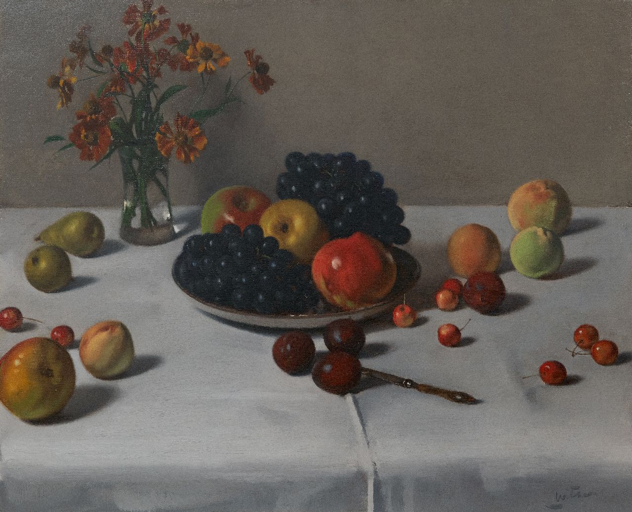 Witsen W.A. | 'Willem' Arnold Witsen, Stilleven met fruit en vaas met bloemen, olieverf op doek 52,2 x 64,0 cm, gesigneerd rechtsonder en te dateren ca. 1920 Witsen W.A. | 'Willem' Arnold Witsen, Stilleven met fruit en vaas met bloemen, olieverf op doek 52,2 x 64,0 cm, gesigneerd rechtsonder en te dateren ca. 1920