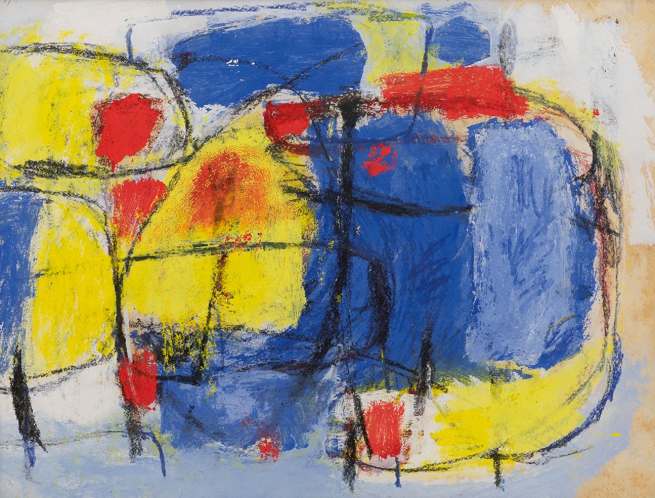 Nanninga J. | Jacob 'Jaap' Nanninga | Aquarellen en tekeningen te koop aangeboden | Compositie in blauw, geel, rood; verso: Compositie, krijt en gouache op papier 40,9 x 54,0 cm, gesigneerd verso en te dateren ca. 1958 Nanninga J. | Jacob 'Jaap' Nanninga | Aquarellen en tekeningen te koop aangeboden | Compositie in blauw, geel, rood; verso: Compositie, krijt en gouache op papier 40,9 x 54,0 cm, gesigneerd verso en te dateren ca. 1958