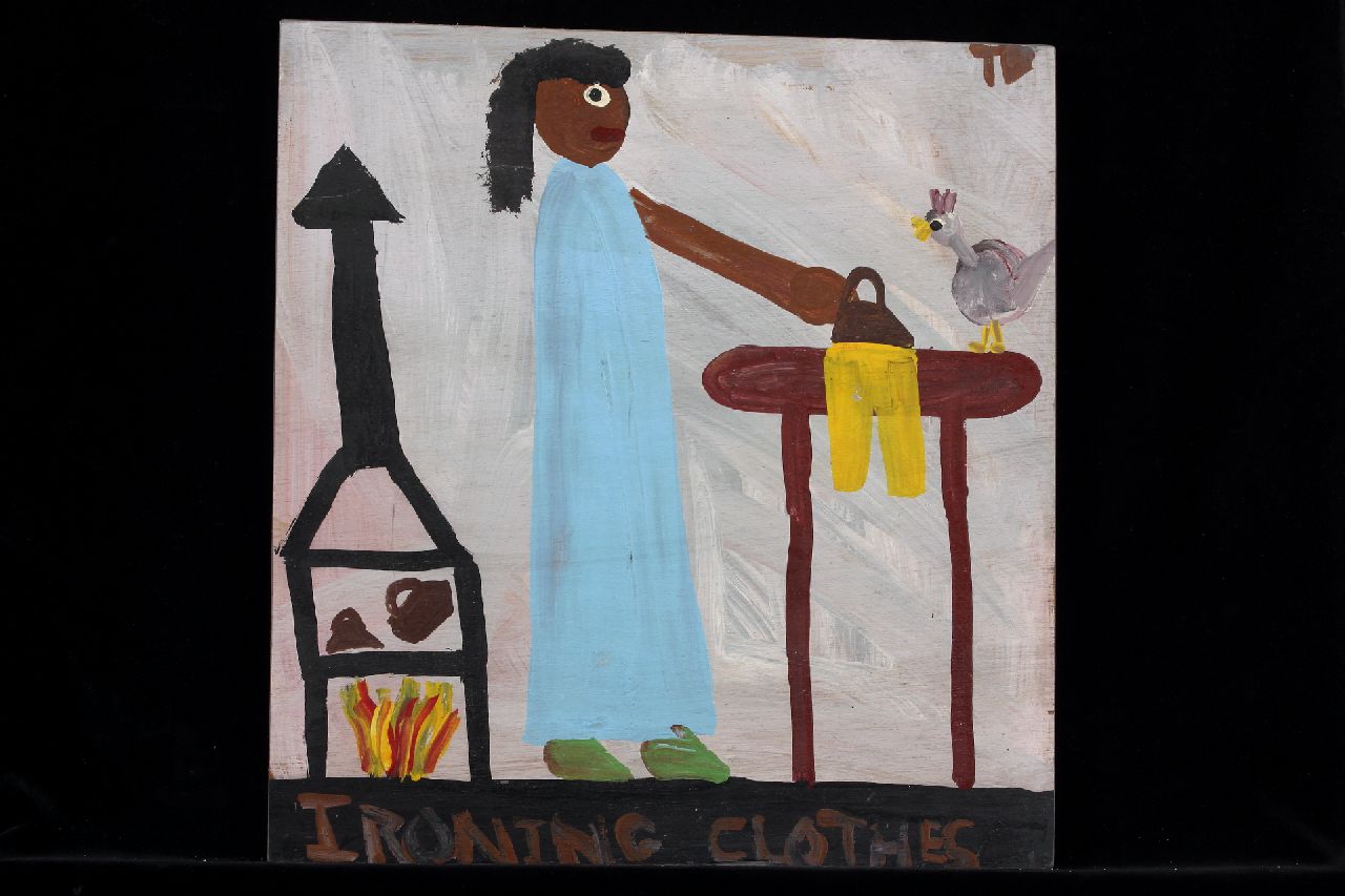 Brown T. | Timothy 'Tim' Brown | Schilderijen te koop aangeboden | Ironing clothes, acryl op paneel 42,9 x 40,3 cm, gesigneerd rechtsboven met initialen en ca 1995 Brown T. | Timothy 'Tim' Brown | Schilderijen te koop aangeboden | Ironing clothes, acryl op paneel 42,9 x 40,3 cm, gesigneerd rechtsboven met initialen en ca 1995