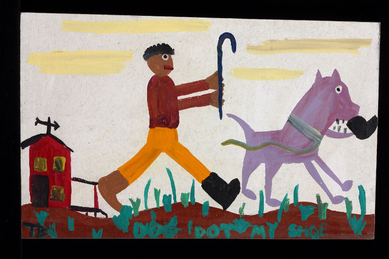 Brown T. | Timothy 'Tim' Brown | Schilderijen te koop aangeboden | Dog got my shoe, acryl op paneel 32,0 x 52,0 cm, gesigneerd linksonder met initialen en ca 1995 Brown T. | Timothy 'Tim' Brown | Schilderijen te koop aangeboden | Dog got my shoe, acryl op paneel 32,0 x 52,0 cm, gesigneerd linksonder met initialen en ca 1995