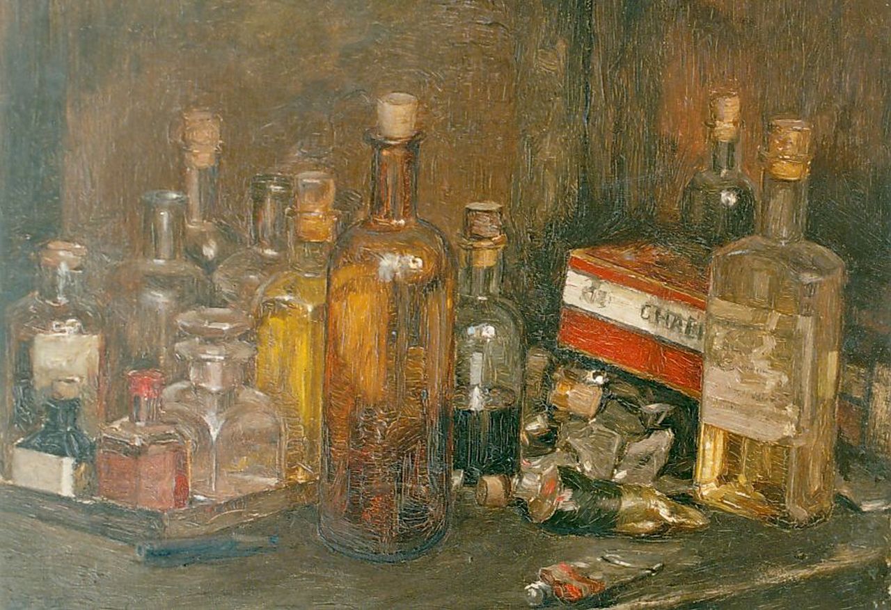 Luijt A.M. | Arie Martinus 'Thies' Luijt, Stilleven met schildersbenodigdheden, olieverf op paneel 27,0 x 36,1 cm, gesigneerd linksonder Luijt A.M. | Arie Martinus 'Thies' Luijt, Stilleven met schildersbenodigdheden, olieverf op paneel 27,0 x 36,1 cm, gesigneerd linksonder