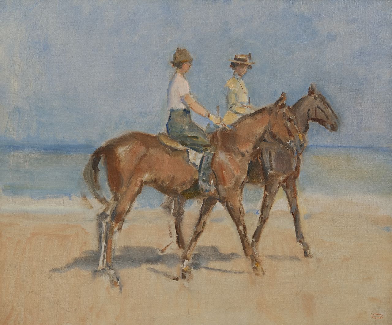 Israels I.L.  | 'Isaac' Lazarus Israels, Amazones op het strand van Scheveningen, olieverf op doek 65,5 x 78,6 cm, gesigneerd rechtsonder met atelierstempel 'Atelier Isaac Israels' en te dateren ca. 1910