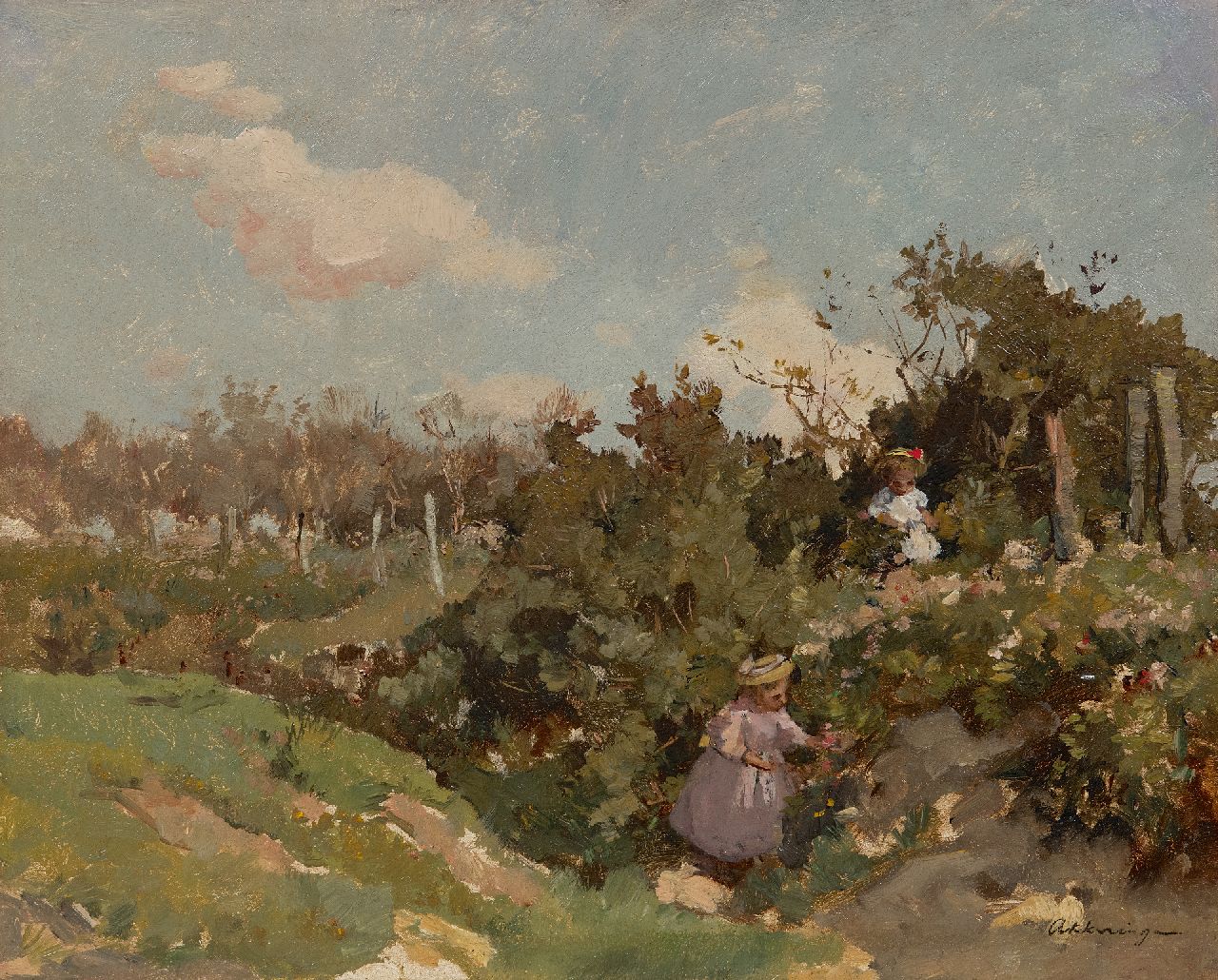 Akkeringa J.E.H. | 'Johannes Evert' Hendrik Akkeringa | Schilderijen te koop aangeboden | Bloemen plukken in de duinen, olieverf op paneel 32,3 x 40,0 cm, gesigneerd rechtsonder Akkeringa J.E.H. | 'Johannes Evert' Hendrik Akkeringa | Schilderijen te koop aangeboden | Bloemen plukken in de duinen, olieverf op paneel 32,3 x 40,0 cm, gesigneerd rechtsonder