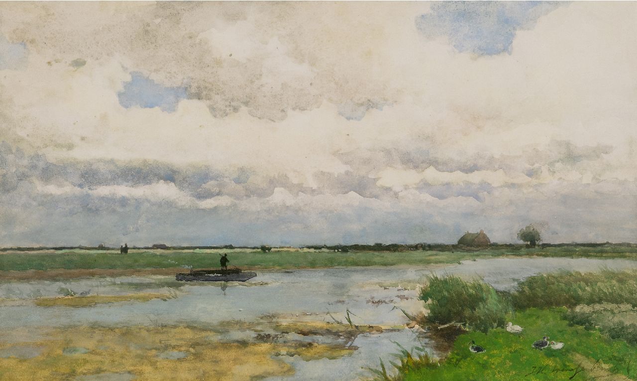 Weissenbruch H.J.  | Hendrik Johannes 'J.H.' Weissenbruch | Aquarellen en tekeningen te koop aangeboden | Plassengezicht met punter, aquarel op papier 32,5 x 54,0 cm, gesigneerd rechtsonder