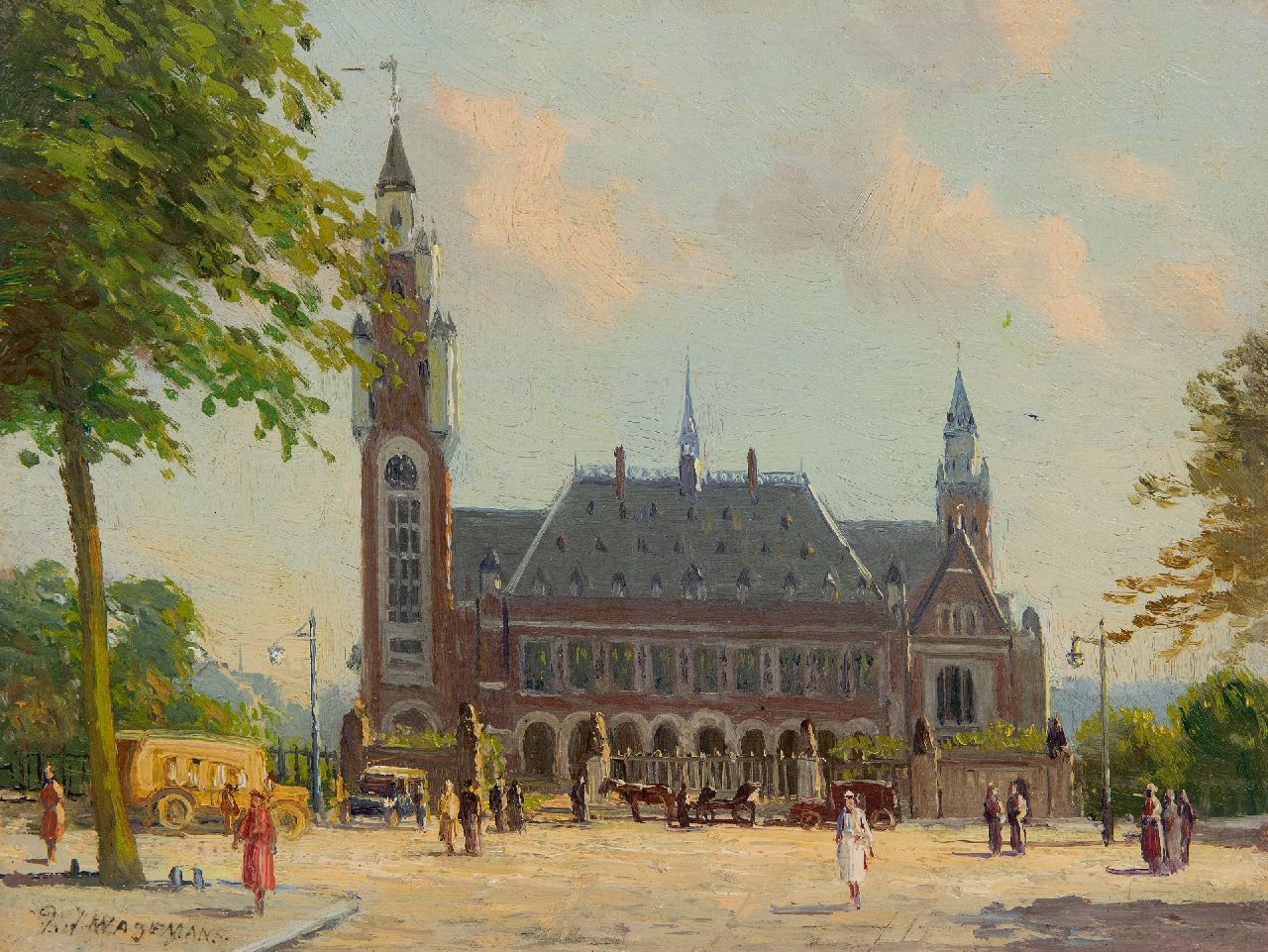 Wagemans P.J.A. | 'Piet' Johannes Alexander Wagemans | Schilderijen te koop aangeboden | Gezicht op het Vredespaleis in Den Haag, olieverf op paneel 18,5 x 24,3 cm, gesigneerd linksonder en zonder lijst Wagemans P.J.A. | 'Piet' Johannes Alexander Wagemans | Schilderijen te koop aangeboden | Gezicht op het Vredespaleis in Den Haag, olieverf op paneel 18,5 x 24,3 cm, gesigneerd linksonder en zonder lijst