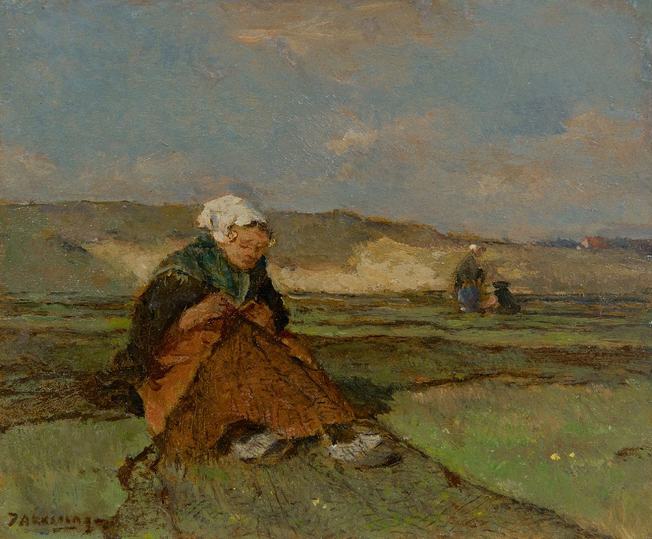 Akkeringa J.E.H.  | 'Johannes Evert' Hendrik Akkeringa, Nettenboetsters in de duinen, olieverf op paneel 14,5 x 17,1 cm, gesigneerd linksonder