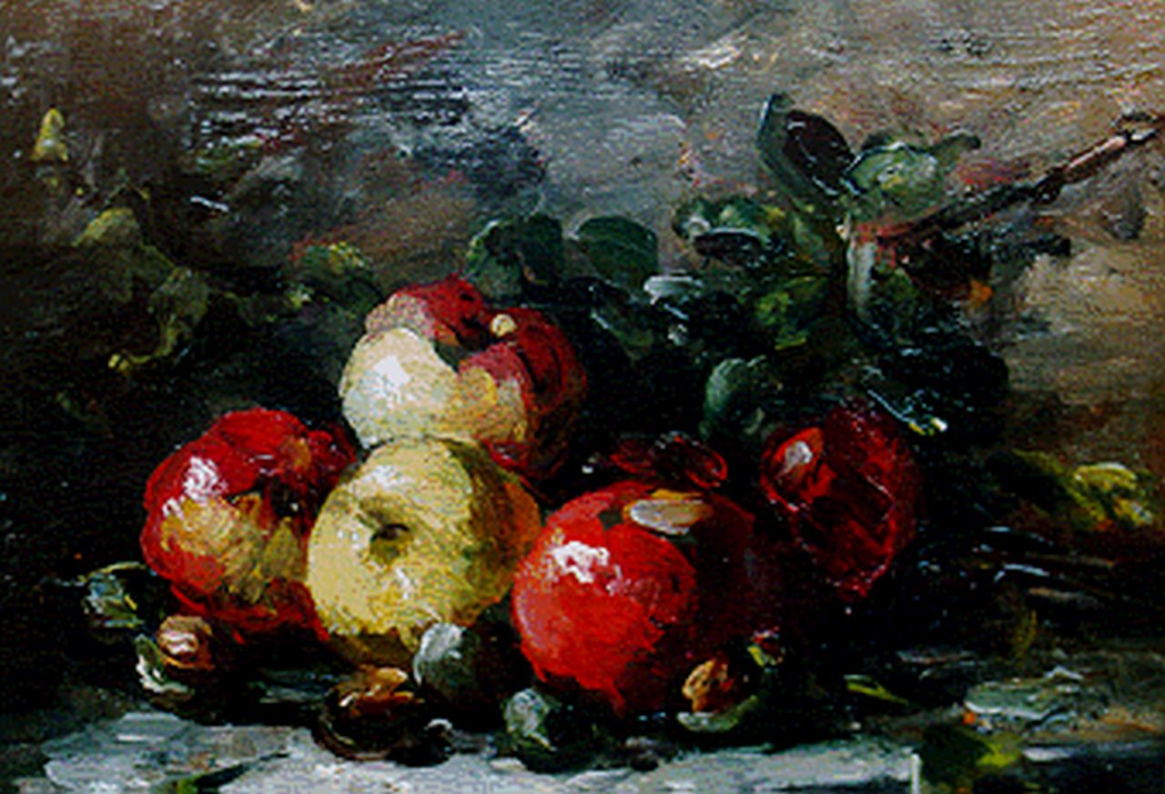 Bellis J.L. | Josse-Lambert 'Hubert' Bellis, Stilleven met appels, olieverf op paneel 12,2 x 16,0 cm, gesigneerd rechtsonder mon Bellis J.L. | Josse-Lambert 'Hubert' Bellis, Stilleven met appels, olieverf op paneel 12,2 x 16,0 cm, gesigneerd rechtsonder mon