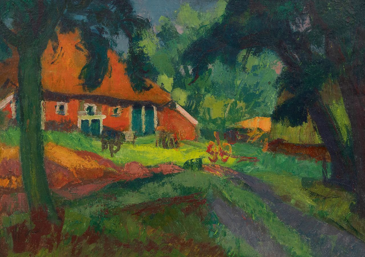 Jannes de Vries | Boerderij, Westerwolde; VERSO: zicht op de Waal, wasverf op doek, 50,1 x 69,4 cm, gesigneerd verso en te dateren ca. 1960