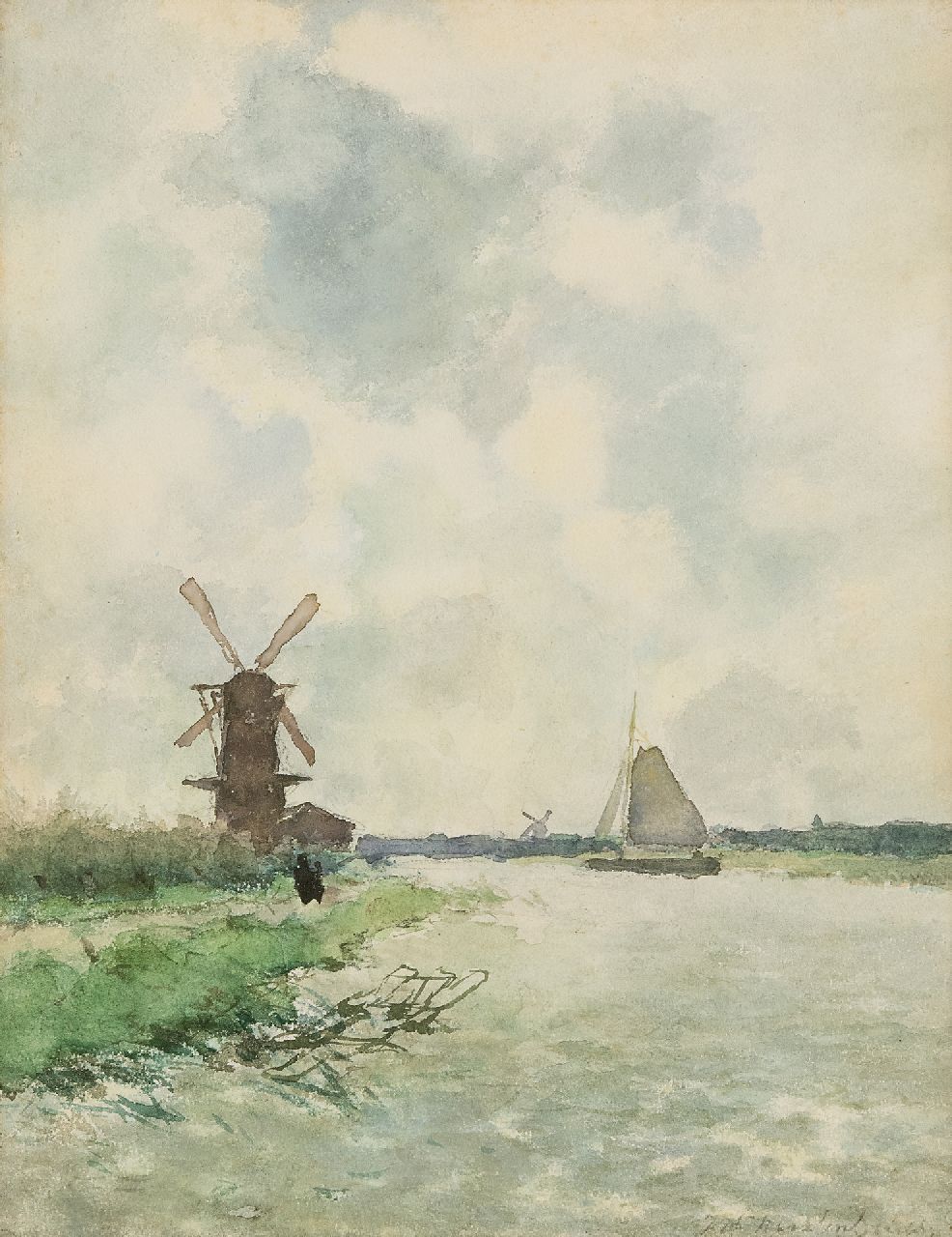 Weissenbruch H.J. | Hendrik Johannes 'J.H.' Weissenbruch, Riviergezicht met zeilschip en molens, aquarel op papier 42,0 x 32,0 cm, gesigneerd rechtsonder en gereserveerd Weissenbruch H.J. | Hendrik Johannes 'J.H.' Weissenbruch, Riviergezicht met zeilschip en molens, aquarel op papier 42,0 x 32,0 cm, gesigneerd rechtsonder en gereserveerd