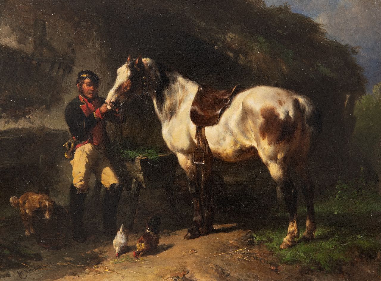 Verschuur W. | Wouterus Verschuur, Postiljon met zijn paard, olieverf op paneel 19,5 x 26,1 cm, gesigneerd linksonder Verschuur W. | Wouterus Verschuur, Postiljon met zijn paard, olieverf op paneel 19,5 x 26,1 cm, gesigneerd linksonder