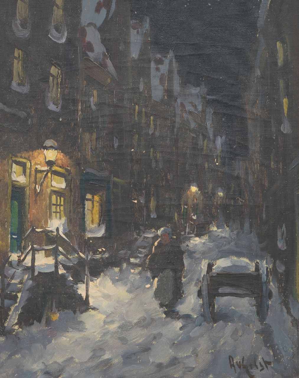 Gilst A. van | Aernout 'Arnout' van Gilst | Schilderijen te koop aangeboden | Besneeuwde straat bij nacht, olieverf op doek 50,1 x 39,9 cm, gesigneerd rechtsonder