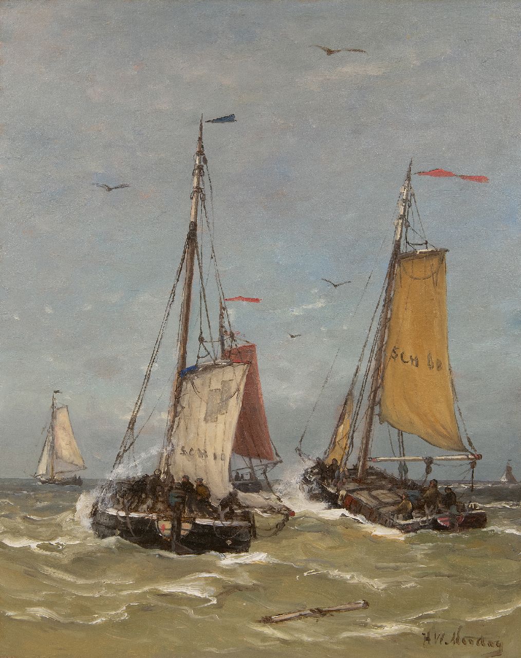 Mesdag H.W.  | Hendrik Willem Mesdag | Schilderijen te koop aangeboden | Het vertrek van de vissersvloot, Scheveningen, olieverf op doek 50,5 x 40,5 cm, gesigneerd rechtsonder
