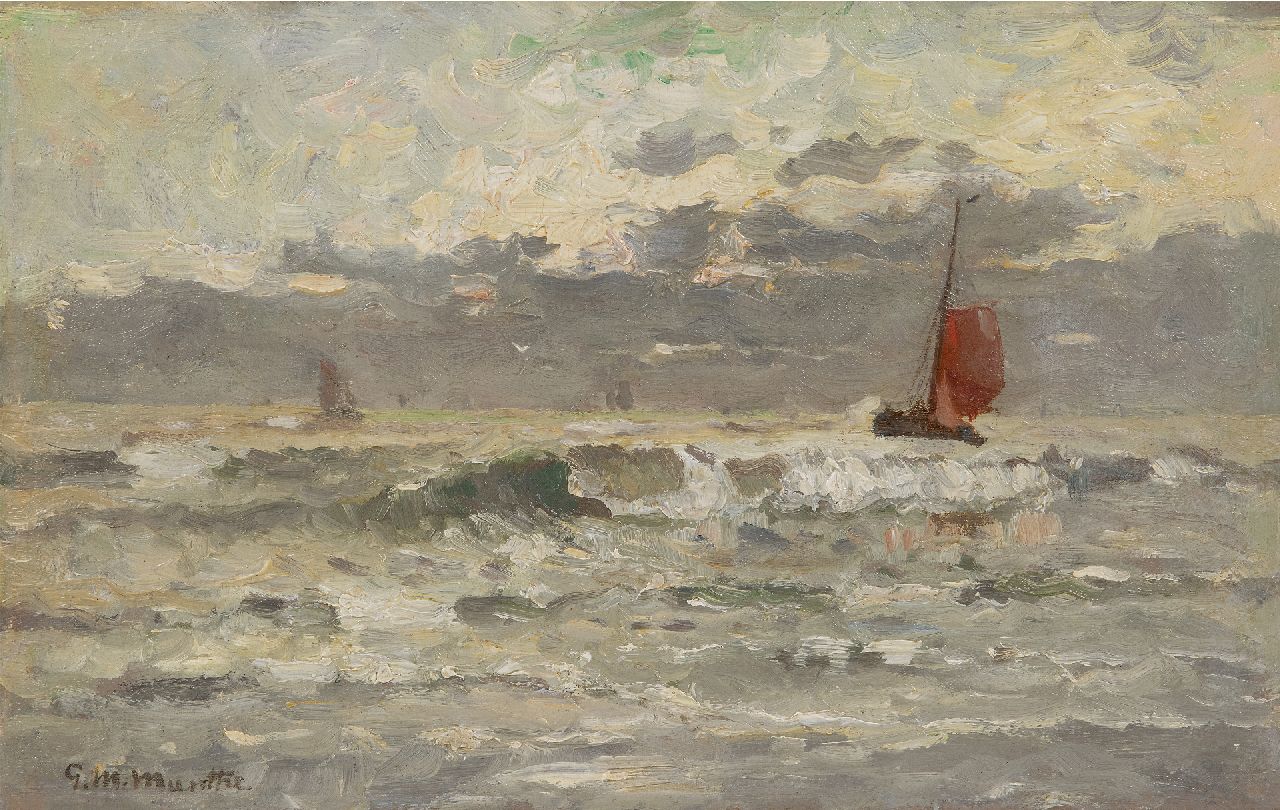 Munthe G.A.L. | Gerhard Arij Ludwig 'Morgenstjerne' Munthe, Binnenvarende vissersschepen, Katwijk, olieverf op doek op paneel 22,9 x 35,8 cm, gesigneerd linksonder Munthe G.A.L. | Gerhard Arij Ludwig 'Morgenstjerne' Munthe, Binnenvarende vissersschepen, Katwijk, olieverf op doek op paneel 22,9 x 35,8 cm, gesigneerd linksonder