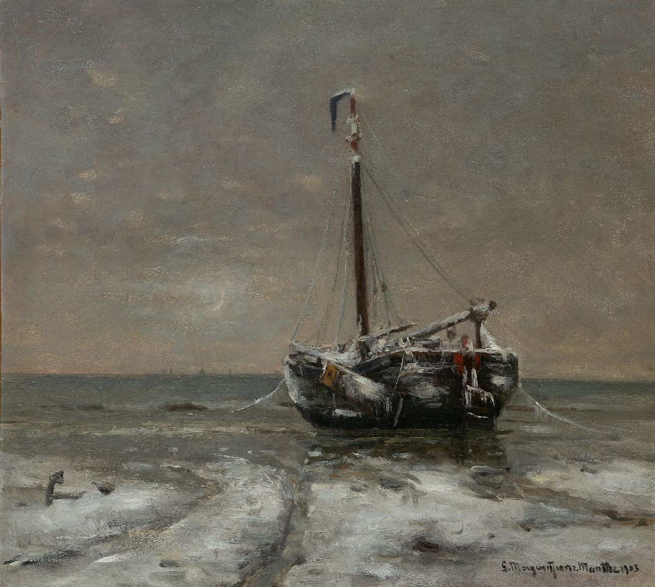 Munthe G.A.L.  | Gerhard Arij Ludwig 'Morgenstjerne' Munthe | Schilderijen te koop aangeboden | Besneeuwd strand met bomschuit, olieverf op doek 54,8 x 60,2 cm, gesigneerd rechtsonder en gedateerd 1903