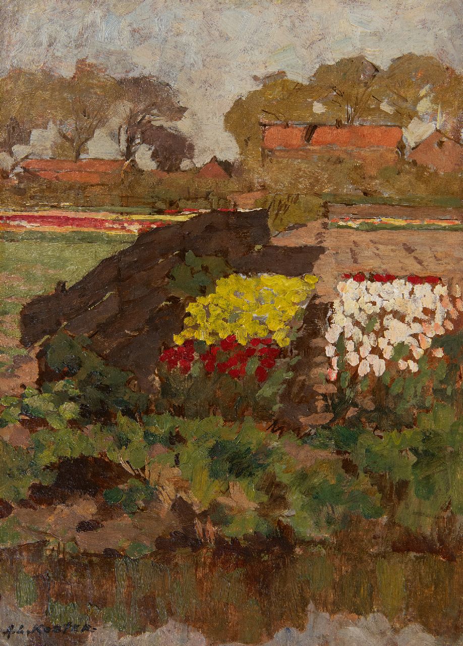 Anton Koster | Bollenvelden, olieverf op paneel, 35,0 x 24,9 cm, gesigneerd l.o.