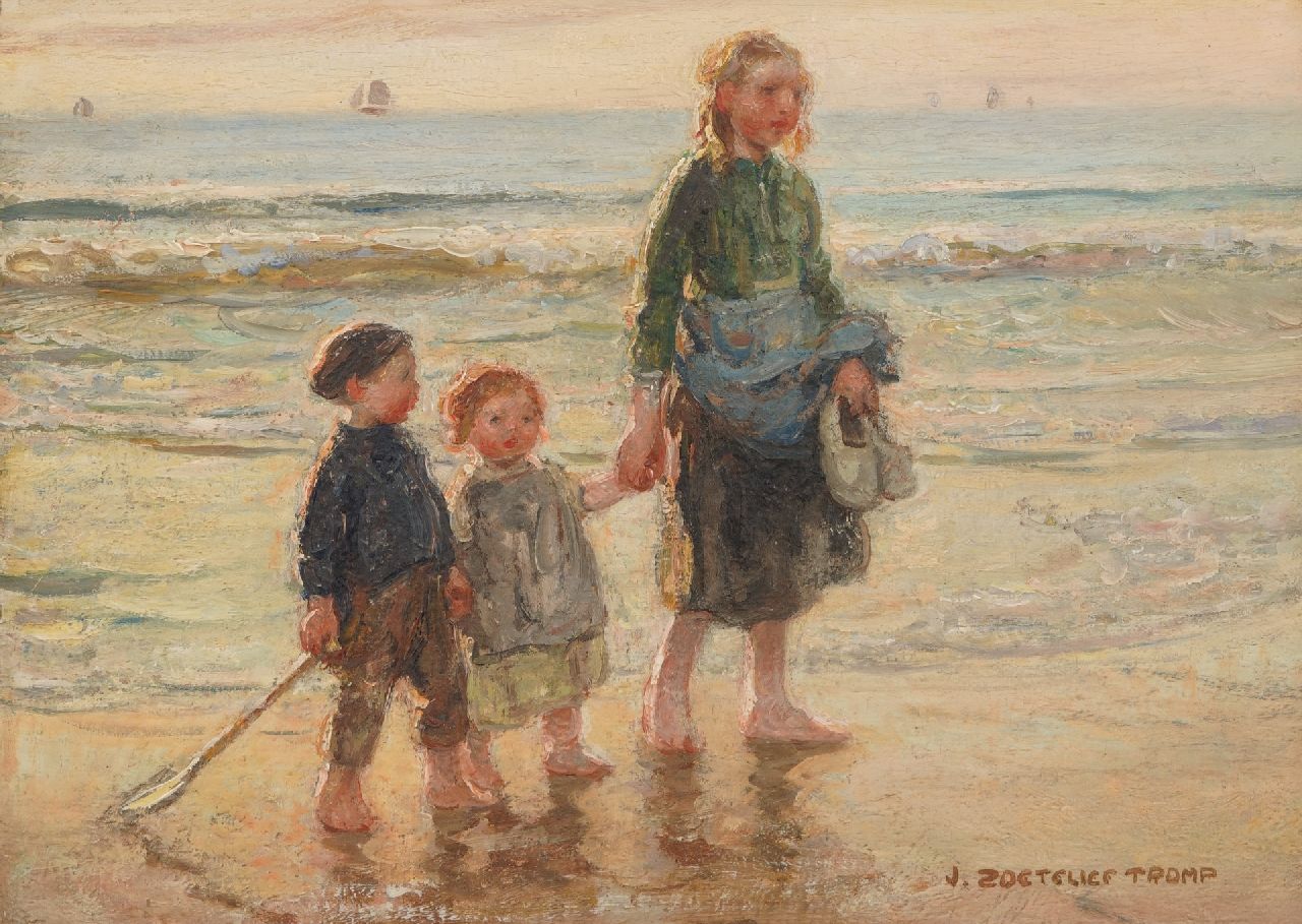 Zoetelief Tromp J. | Johannes 'Jan' Zoetelief Tromp, Visserskinderen op het strand van Katwijk, olieverf op board 24,4 x 34,0 cm, gesigneerd rechtsonder Zoetelief Tromp J. | Johannes 'Jan' Zoetelief Tromp, Visserskinderen op het strand van Katwijk, olieverf op board 24,4 x 34,0 cm, gesigneerd rechtsonder