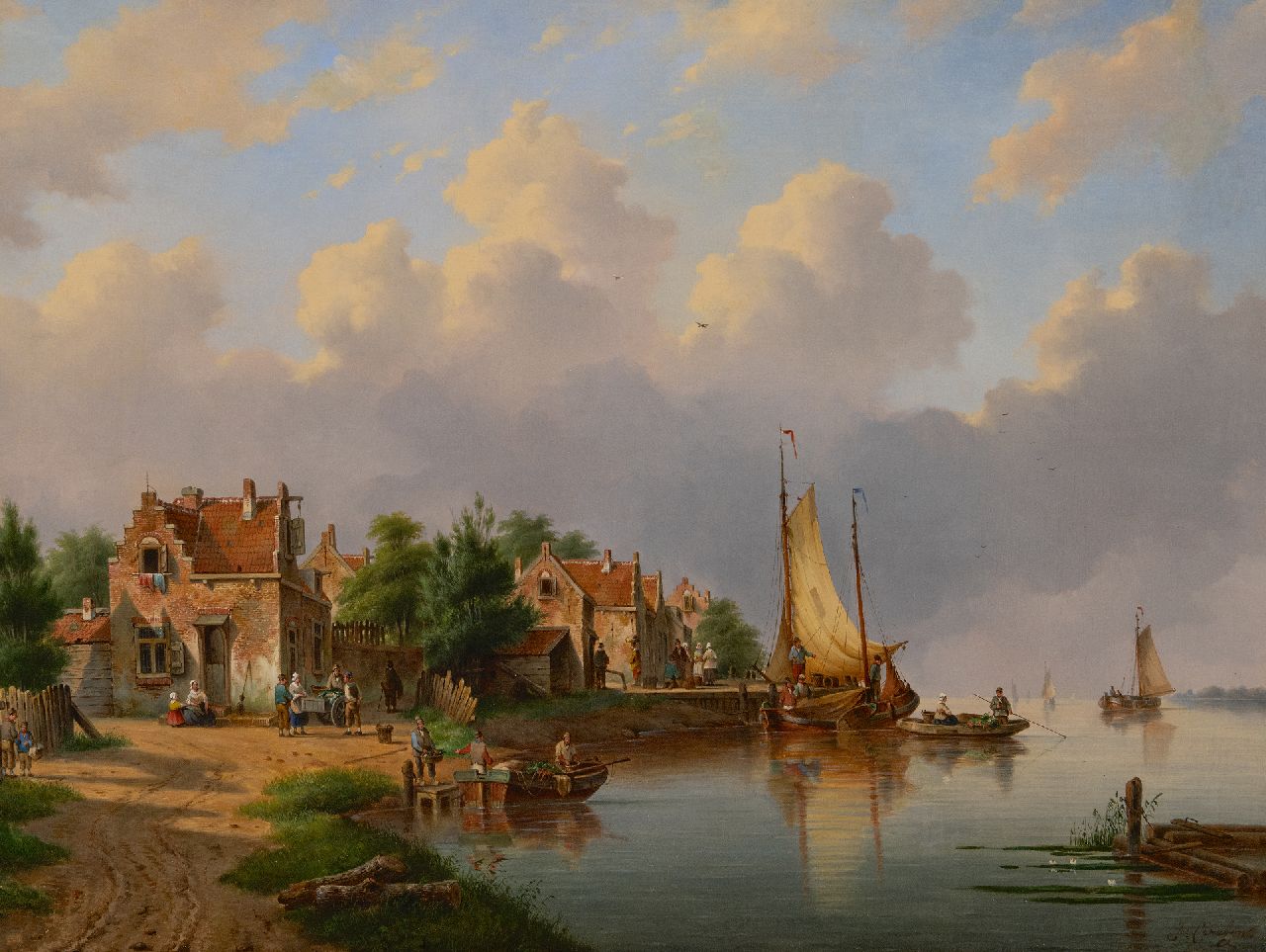 Hendriks G. | Gerardus 'George Henry' Hendriks | Schilderijen te koop aangeboden | Dorp aan de rivier met voetveer en zeilschepen, olieverf op doek 83,0 x 98,4 cm, zonder lijst Hendriks G. | Gerardus 'George Henry' Hendriks | Schilderijen te koop aangeboden | Dorp aan de rivier met voetveer en zeilschepen, olieverf op doek 83,0 x 98,4 cm, zonder lijst