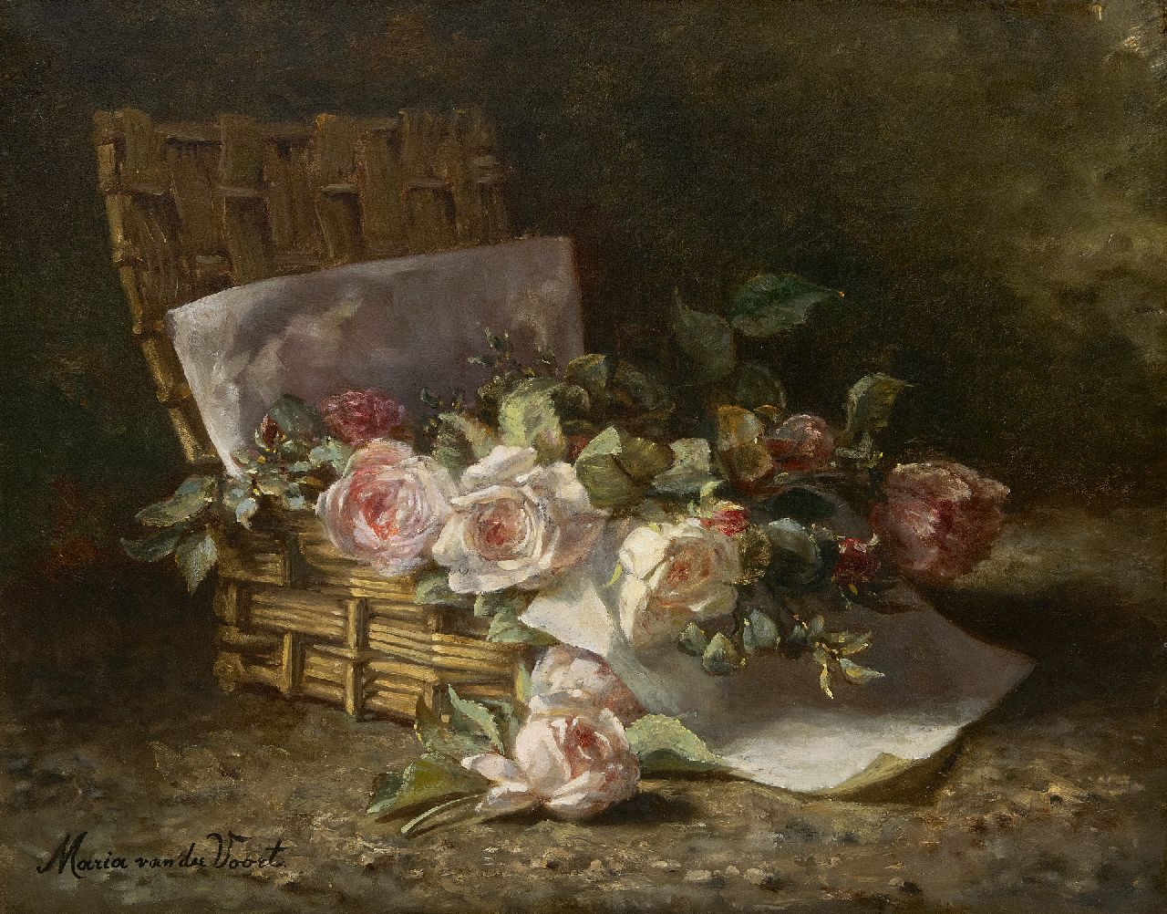 Voort in de Betouw-Nourney M. van der | Maria van der Voort in de Betouw-Nourney | Schilderijen te koop aangeboden | Rozen in een mand op de bosgrond, olieverf op doek 50,1 x 60,3 cm, gesigneerd linksonder Voort in de Betouw-Nourney M. van der | Maria van der Voort in de Betouw-Nourney | Schilderijen te koop aangeboden | Rozen in een mand op de bosgrond, olieverf op doek 50,1 x 60,3 cm, gesigneerd linksonder