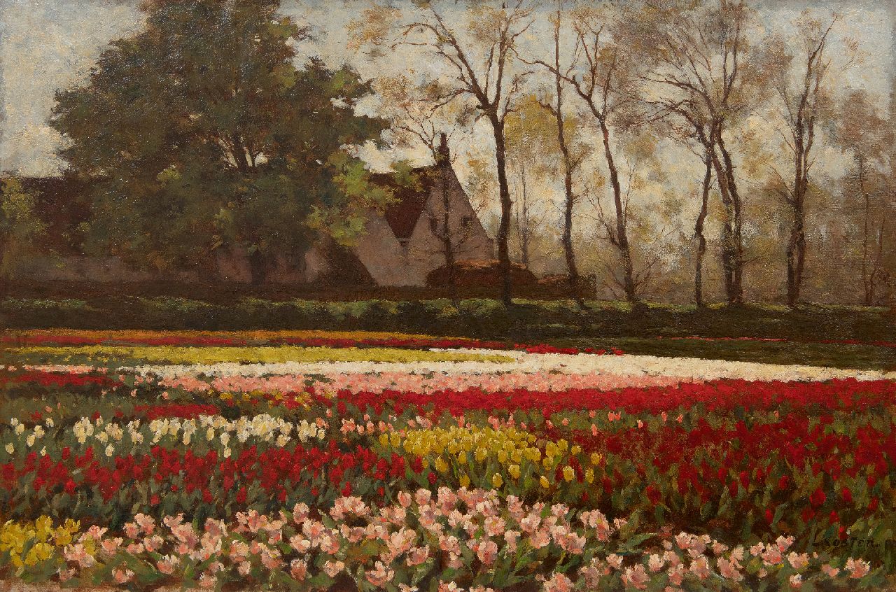 Koster A.L. | Anton Louis 'Anton' Koster, Bloeiende tulpenvelden, olieverf op doek 53,5 x 81,9 cm, gesigneerd rechtsonder Koster A.L. | Anton Louis 'Anton' Koster, Bloeiende tulpenvelden, olieverf op doek 53,5 x 81,9 cm, gesigneerd rechtsonder
