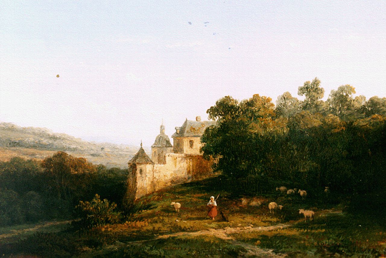 Wijngaerdt A.J. van | Anthonie Jacobus van Wijngaerdt, Heuvellandschap met kasteel, olieverf op paneel 15,2 x 22,2 cm, gesigneerd rechtsonder en gedateerd 1854 Wijngaerdt A.J. van | Anthonie Jacobus van Wijngaerdt, Heuvellandschap met kasteel, olieverf op paneel 15,2 x 22,2 cm, gesigneerd rechtsonder en gedateerd 1854