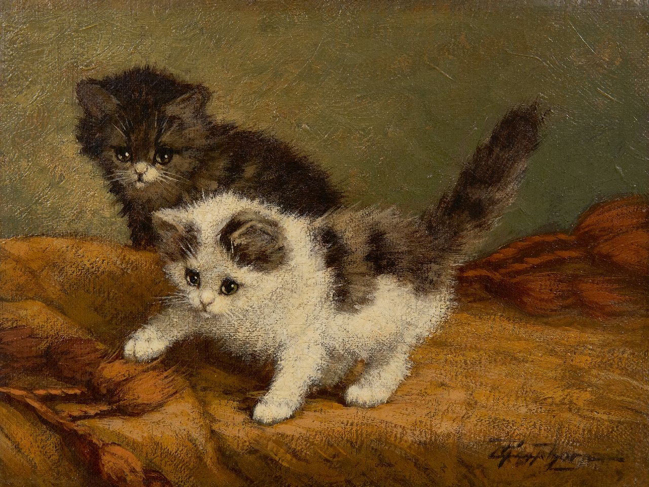 Raaphorst C. | Cornelis Raaphorst | Schilderijen te koop aangeboden | Twee spelende katjes, olieverf op doek 18,1 x 24,2 cm, gesigneerd rechtsonder Raaphorst C. | Cornelis Raaphorst | Schilderijen te koop aangeboden | Twee spelende katjes, olieverf op doek 18,1 x 24,2 cm, gesigneerd rechtsonder