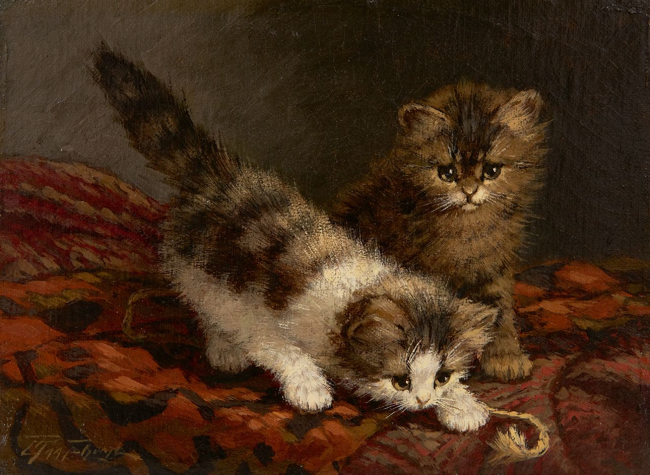 Raaphorst C.  | Cornelis Raaphorst | Schilderijen te koop aangeboden | Kittens spelend op een sierkussen, olieverf op doek 18,3 x 24,0 cm, gesigneerd linksonder en zonder lijst