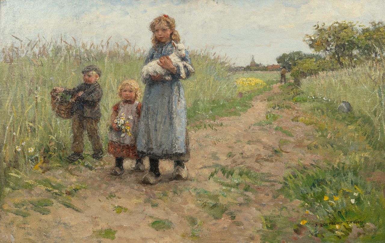 Zoetelief Tromp J. | Johannes 'Jan' Zoetelief Tromp | Schilderijen te koop aangeboden | Wandelende kinderen met lammetje bij Blaricum, olieverf op doek 63,5 x 99,3 cm, gesigneerd rechtsonder Zoetelief Tromp J. | Johannes 'Jan' Zoetelief Tromp | Schilderijen te koop aangeboden | Wandelende kinderen met lammetje bij Blaricum, olieverf op doek 63,5 x 99,3 cm, gesigneerd rechtsonder