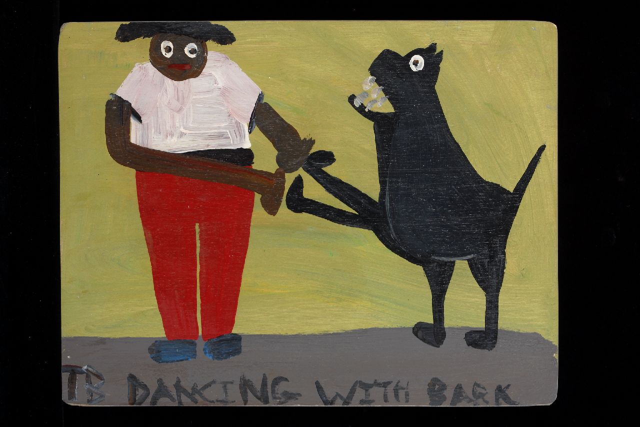 Brown T. | Timothy 'Tim' Brown, Dancing with bark, acryl op paneel 35,2 x 45,3 cm, gesigneerd linksonder met initialen Brown T. | Timothy 'Tim' Brown, Dancing with bark, acryl op paneel 35,2 x 45,3 cm, gesigneerd linksonder met initialen