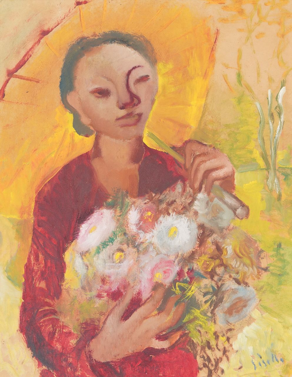 Kuster G. | Giselle Kuster, Indische vrouw met bloemen en parasol, olieverf op paneel 63,5 x 49,6 cm, gesigneerd rechtsonder en te dateren ca. 1948-1949 Kuster G. | Giselle Kuster, Indische vrouw met bloemen en parasol, olieverf op paneel 63,5 x 49,6 cm, gesigneerd rechtsonder en te dateren ca. 1948-1949