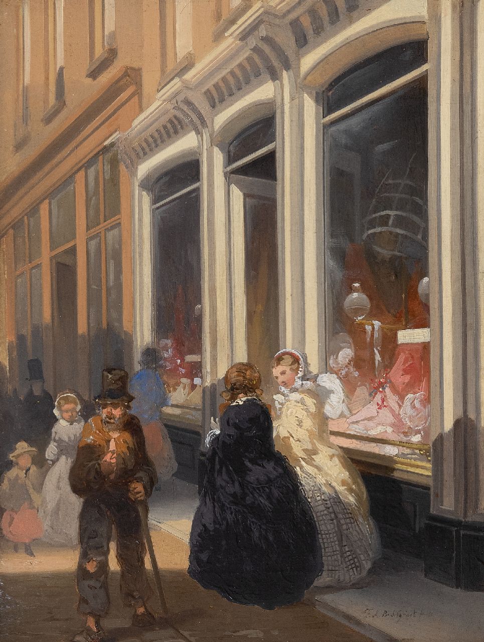 Breuhaus de Groot F.A.  | Frans Arnold Breuhaus de Groot | Schilderijen te koop aangeboden | Elegante vrouwen voor een korsetterie winkel, olieverf op paneel 33,0 x 25,0 cm, gesigneerd rechtsonder