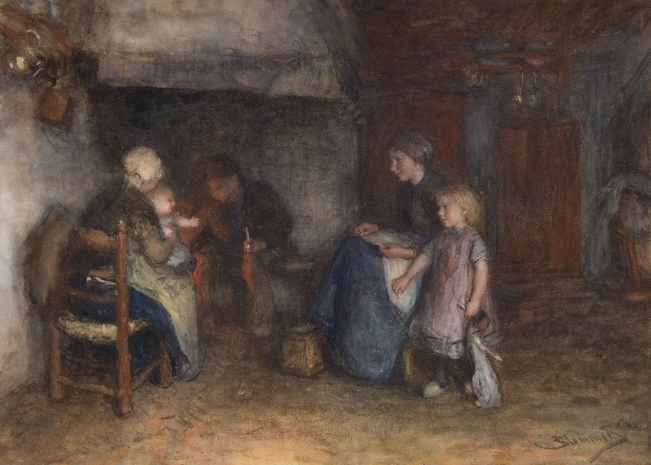Blommers B.J.  | Bernardus Johannes 'Bernard' Blommers | Aquarellen en tekeningen te koop aangeboden | Vissersfamilie bij de haard, aquarel op papier 51,7 x 71,0 cm, gesigneerd rechtsonder