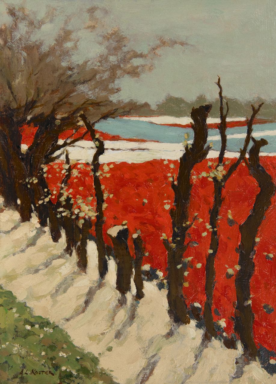 Koster A.L. | Anton Louis 'Anton' Koster, Bloeiende bollenvelden, olieverf op paneel 39,6 x 28,8 cm, gesigneerd linksonder Koster A.L. | Anton Louis 'Anton' Koster, Bloeiende bollenvelden, olieverf op paneel 39,6 x 28,8 cm, gesigneerd linksonder