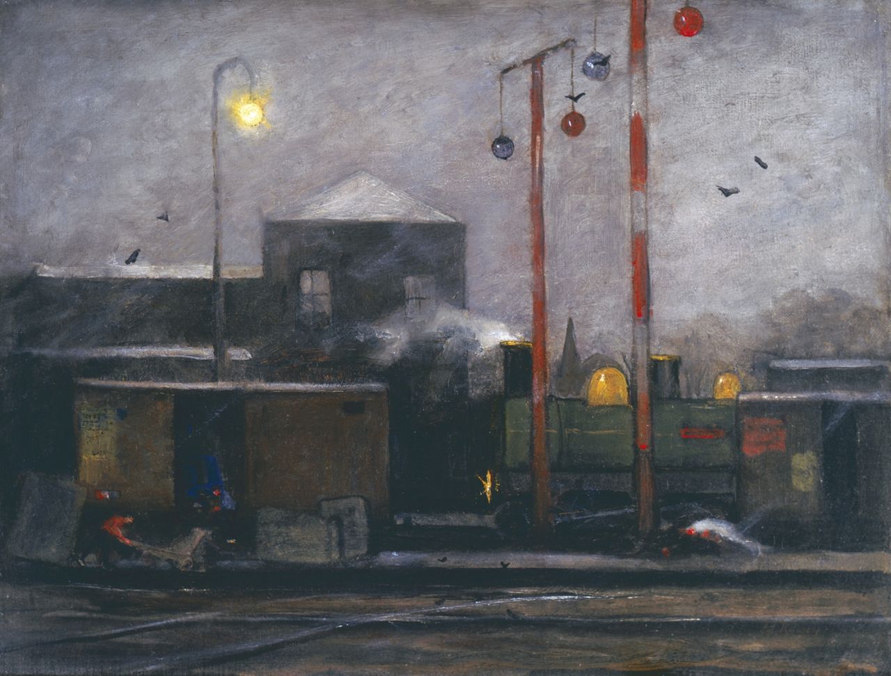 Karsen J.E. | Johann 'Eduard' Karsen, Spoorwegemplacement bij nacht, olieverf op doek 34,5 x 45,5 cm, gesigneerd rechtsonder Karsen J.E. | Johann 'Eduard' Karsen, Spoorwegemplacement bij nacht, olieverf op doek 34,5 x 45,5 cm, gesigneerd rechtsonder