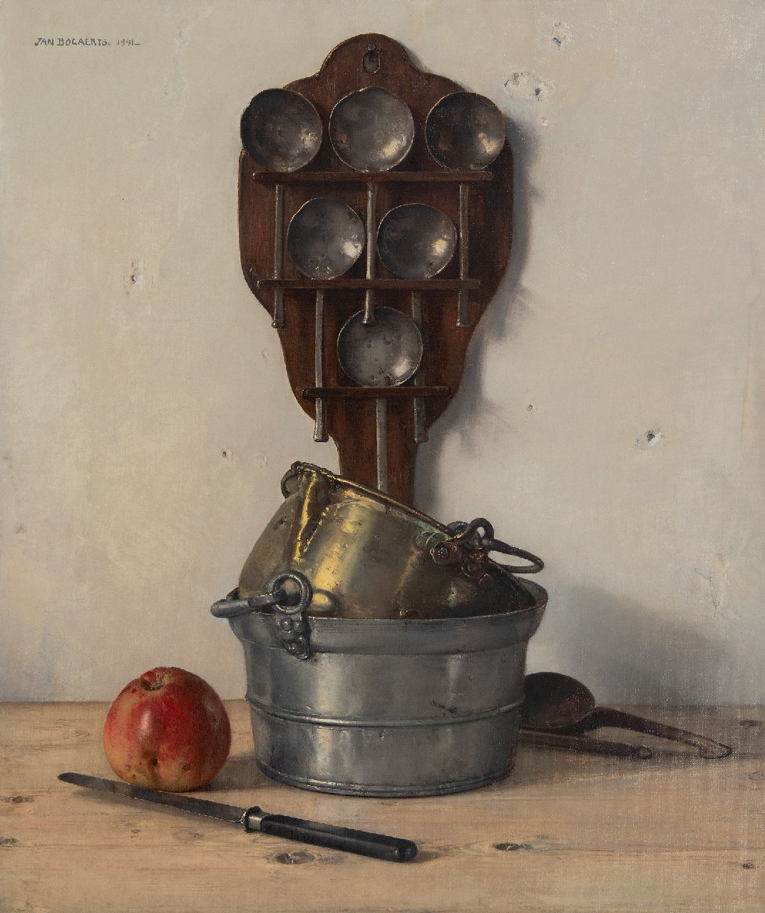 Bogaerts J.J.M.  | Johannes Jacobus Maria 'Jan' Bogaerts | Schilderijen te koop aangeboden | Keukenstilleven met lepelrek, potten, appel en mes, olieverf op doek 60,5 x 50,5 cm, gesigneerd linksboven en gedateerd 1941