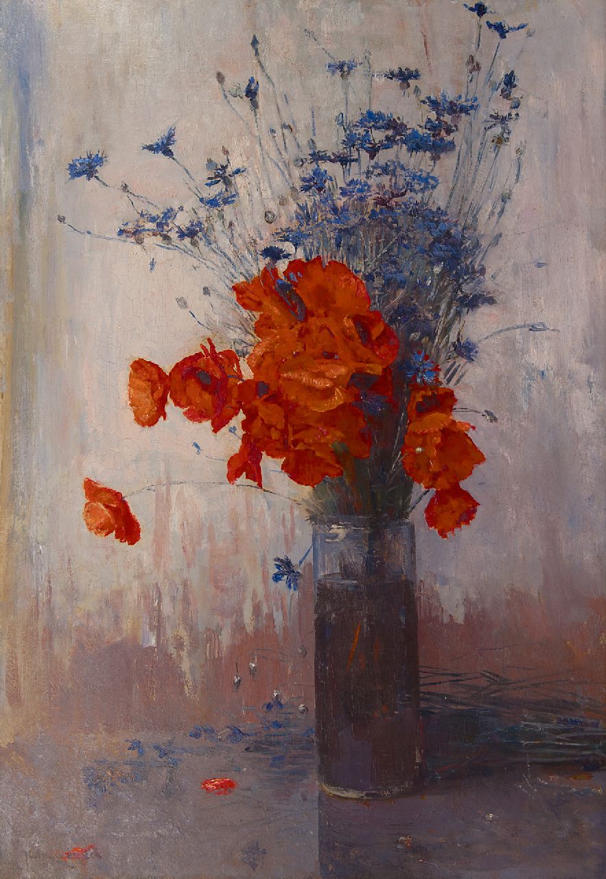 Oerder F.D. | 'Frans' David Oerder, Klaprozen en korenbloemen in hoge vaas, olieverf op doek 90,2 x 63,5 cm, gesigneerd linksonder Oerder F.D. | 'Frans' David Oerder, Klaprozen en korenbloemen in hoge vaas, olieverf op doek 90,2 x 63,5 cm, gesigneerd linksonder