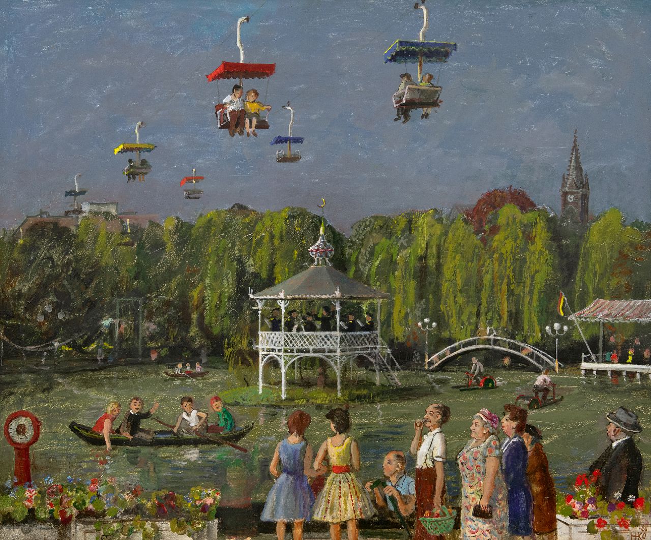Kamerlingh Onnes H.H. | 'Harm' Henrick Kamerlingh Onnes, Pret in het kabelbaanpark van Valkenburg, olieverf op board 49,7 x 59,8 cm, gesigneerd rechtsonder met monogram en gedateerd '60 Kamerlingh Onnes H.H. | 'Harm' Henrick Kamerlingh Onnes, Pret in het kabelbaanpark van Valkenburg, olieverf op board 49,7 x 59,8 cm, gesigneerd rechtsonder met monogram en gedateerd '60