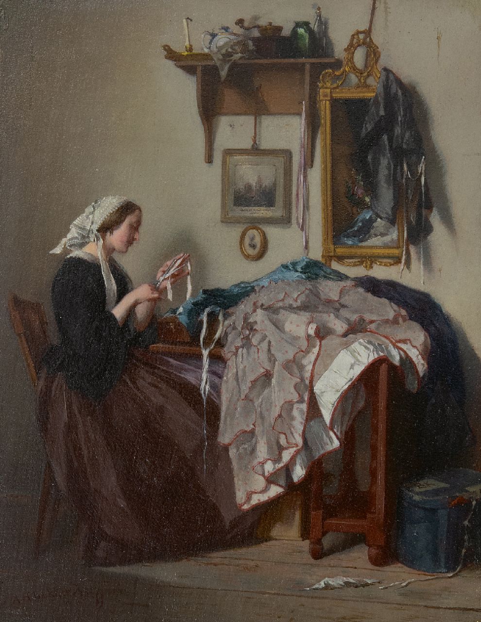 Bakker Korff A.H. | Alexander Hugo Bakker Korff | Schilderijen te koop aangeboden | De jonge naaister, olieverf op paneel 18,5 x 14,4 cm, gesigneerd linksonder en te dateren ca. 1864 Bakker Korff A.H. | Alexander Hugo Bakker Korff | Schilderijen te koop aangeboden | De jonge naaister, olieverf op paneel 18,5 x 14,4 cm, gesigneerd linksonder en te dateren ca. 1864