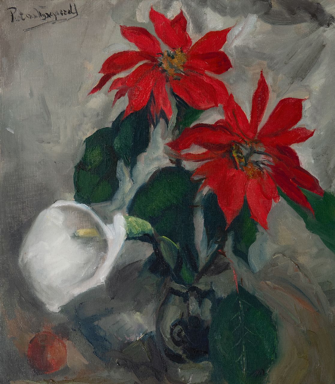 Wijngaerdt P.T. van | Petrus Theodorus 'Piet' van Wijngaerdt | Schilderijen te koop aangeboden | Kerststerren met Aronskelk, olieverf op doek 78,0 x 68,2 cm, gesigneerd linksboven Wijngaerdt P.T. van | Petrus Theodorus 'Piet' van Wijngaerdt | Schilderijen te koop aangeboden | Kerststerren met Aronskelk, olieverf op doek 78,0 x 68,2 cm, gesigneerd linksboven