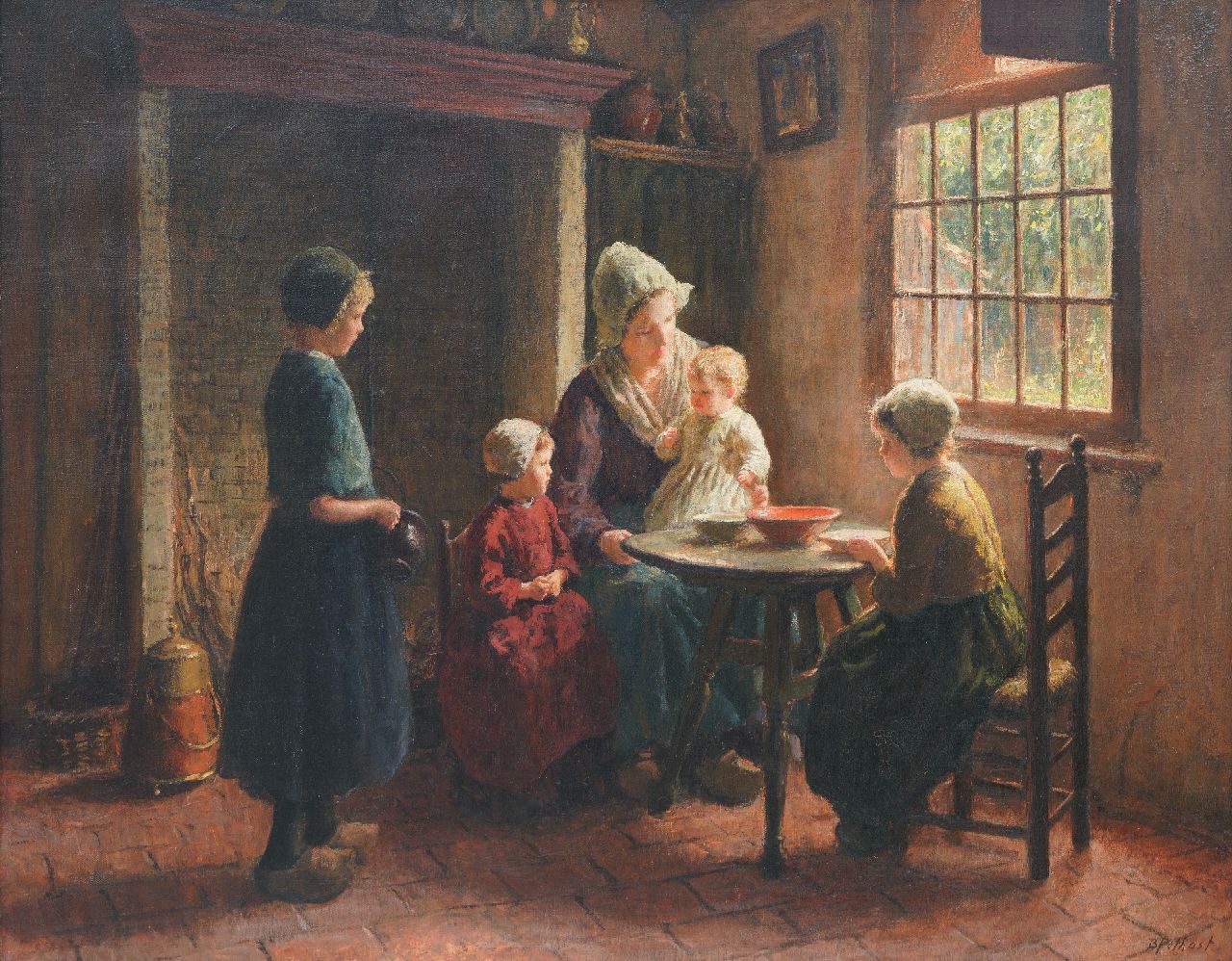 Pothast B.J.C. | 'Bernard' Jean Corneille Pothast | Schilderijen te koop aangeboden | Hollands interieur met jonge familie, olieverf op doek 80,0 x 100,0 cm, gesigneerd rechtsonder Pothast B.J.C. | 'Bernard' Jean Corneille Pothast | Schilderijen te koop aangeboden | Hollands interieur met jonge familie, olieverf op doek 80,0 x 100,0 cm, gesigneerd rechtsonder