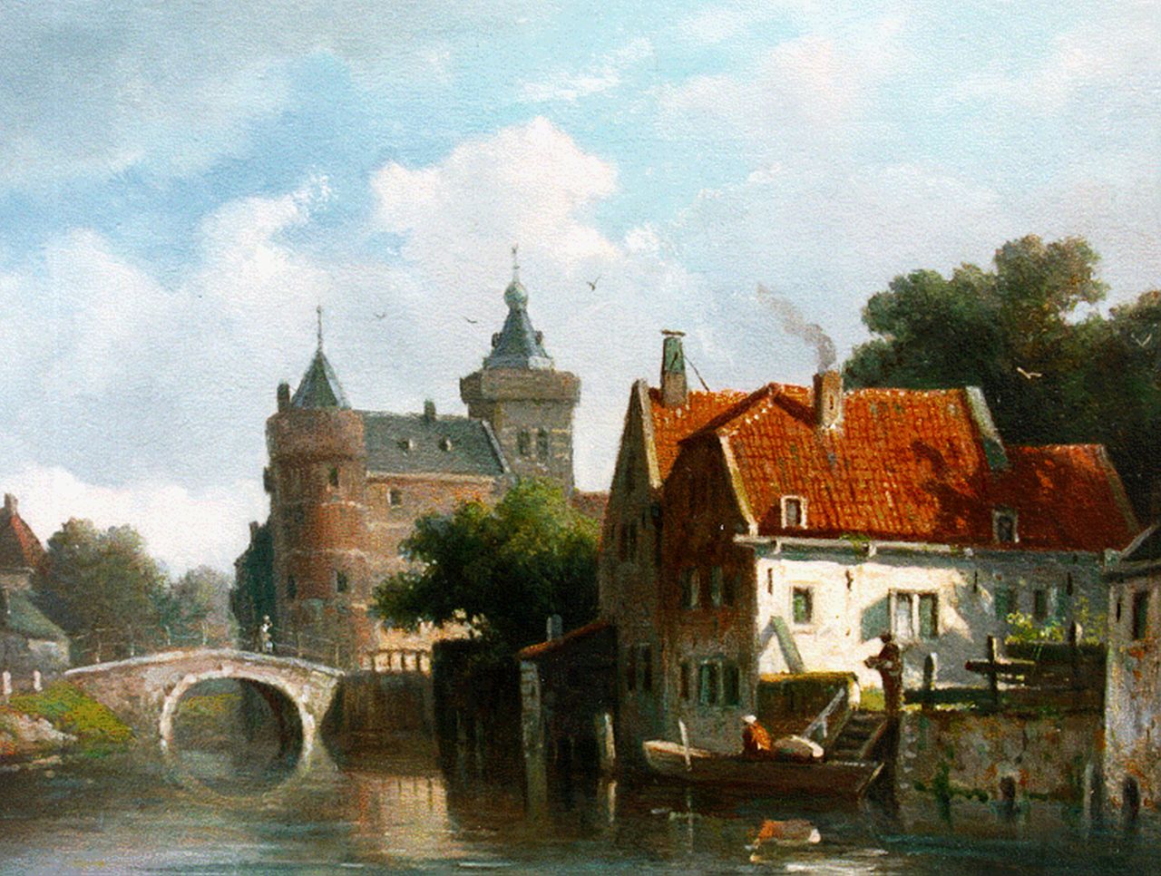 Eversen A. | Adrianus Eversen, Zonnig stadsgezicht met kasteel op achtergrond, olieverf op paneel 19,2 x 25,6 cm, gesigneerd rechtsonder monogram Eversen A. | Adrianus Eversen, Zonnig stadsgezicht met kasteel op achtergrond, olieverf op paneel 19,2 x 25,6 cm, gesigneerd rechtsonder monogram