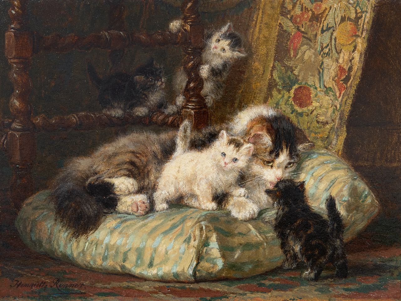 Ronner-Knip H.  | Henriette Ronner-Knip, Moederpoes met spelende kittens op zijden kussen, olieverf op paneel 24,5 x 32,6 cm, gesigneerd linksonder