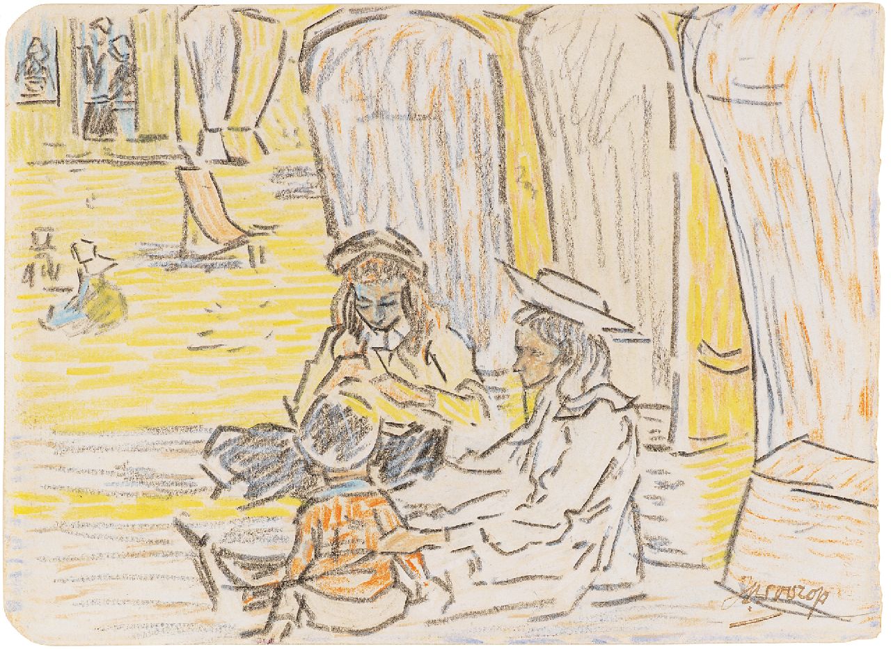 Toorop J.Th.  | Johannes Theodorus 'Jan' Toorop | Aquarellen en tekeningen te koop aangeboden | Kinderen op het strand van Domburg, potlood en gekleurd krijt op papier 11,5 x 15,6 cm, gesigneerd rechtsonder en te dateren ca. 1907