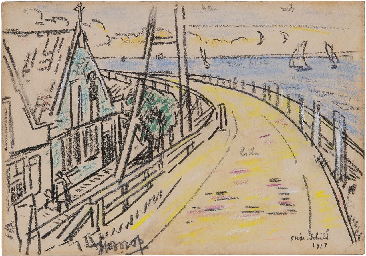 Toorop J.Th. | Johannes Theodorus 'Jan' Toorop | Aquarellen en tekeningen te koop aangeboden | Oudeschild, Texel, gekleurd krijt op papier 13,0 x 18,0 cm, gesigneerd middenonder en gedateerd 'oude-Schild' 1917 Toorop J.Th. | Johannes Theodorus 'Jan' Toorop | Aquarellen en tekeningen te koop aangeboden | Oudeschild, Texel, gekleurd krijt op papier 13,0 x 18,0 cm, gesigneerd middenonder en gedateerd 'oude-Schild' 1917