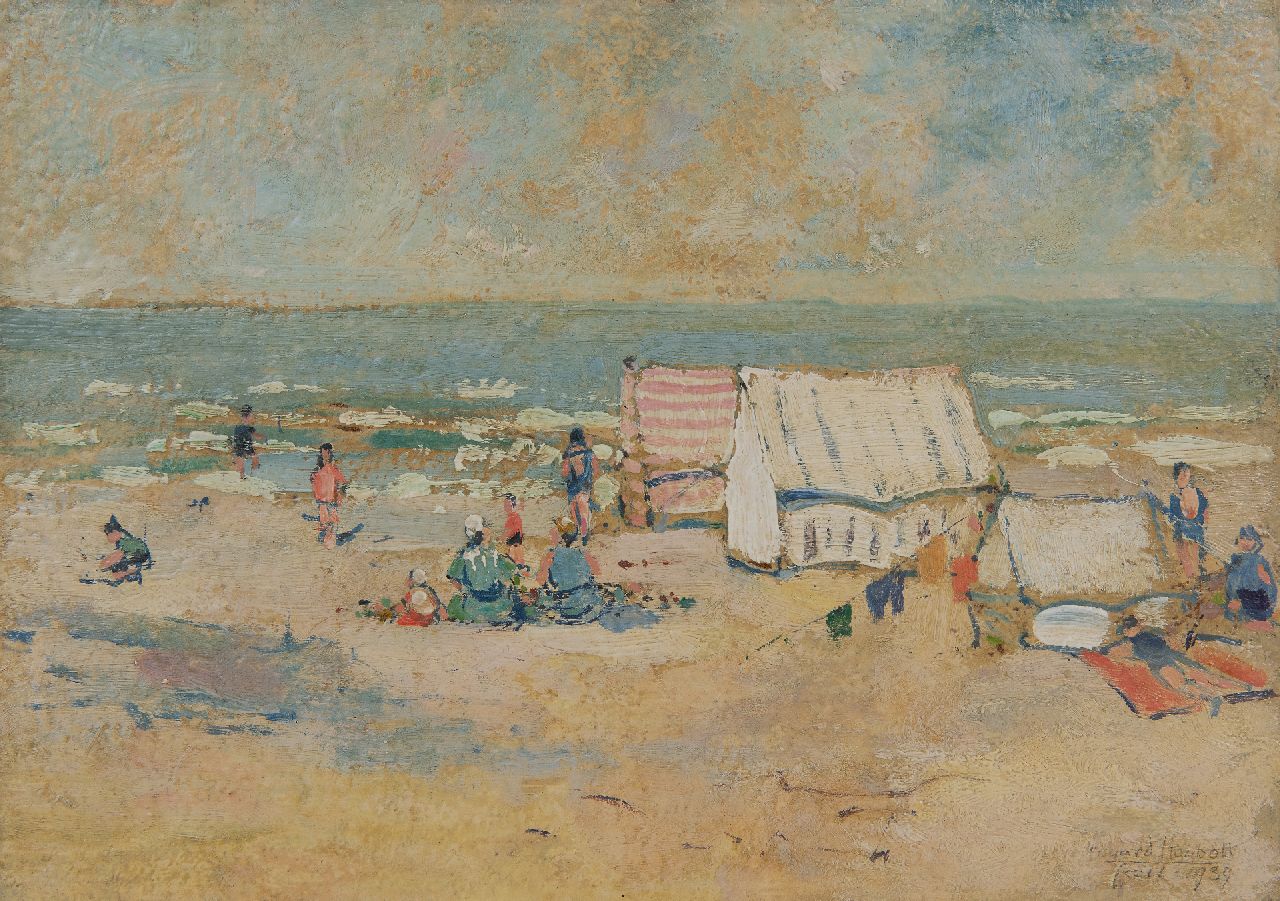 Houbolt E. | 'Eduard' Johannes Fredericus Houbolt | Schilderijen te koop aangeboden | Badgasten op het stille strand, Scheveningen, olieverf op paneel 22,4 x 31,6 cm, gesigneerd rechtsonder en gedateerd 1939 Houbolt E. | 'Eduard' Johannes Fredericus Houbolt | Schilderijen te koop aangeboden | Badgasten op het stille strand, Scheveningen, olieverf op paneel 22,4 x 31,6 cm, gesigneerd rechtsonder en gedateerd 1939